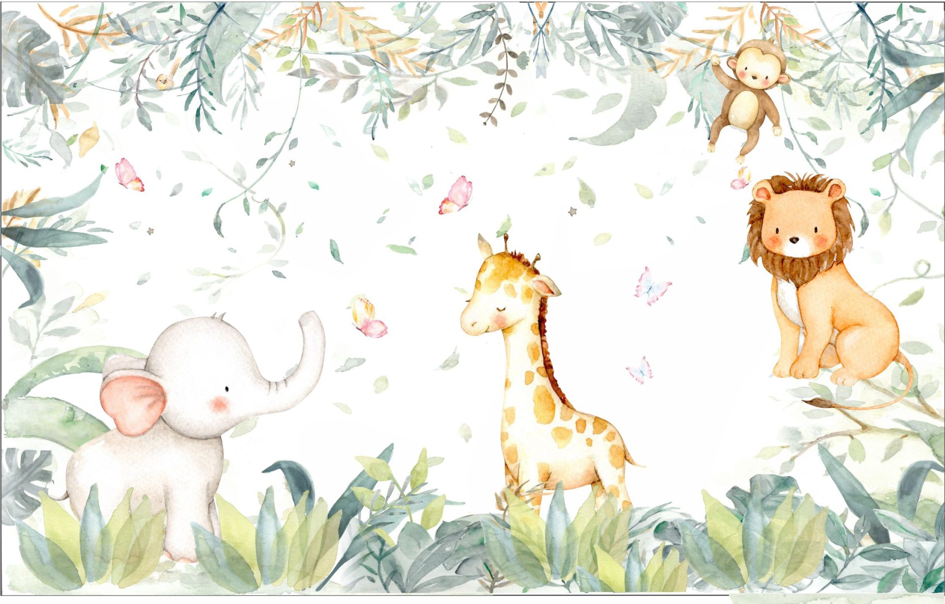 PAPEL DE PAREDE ANIMAIS SAFARI FLORESTA AQUARELA