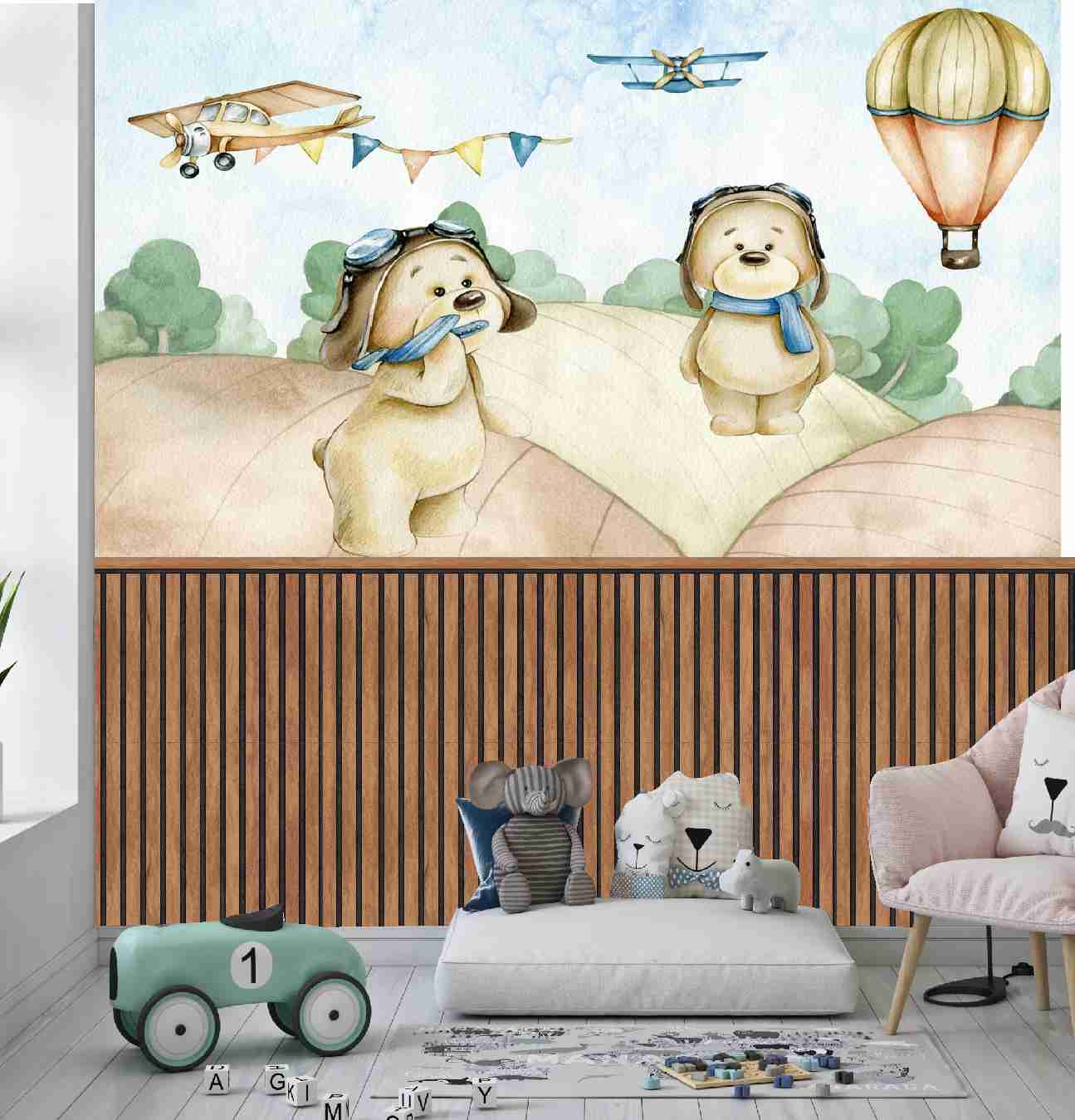 PAPEL DE PAREDE URSO AVIADOR AQUARELA COM RIPAS