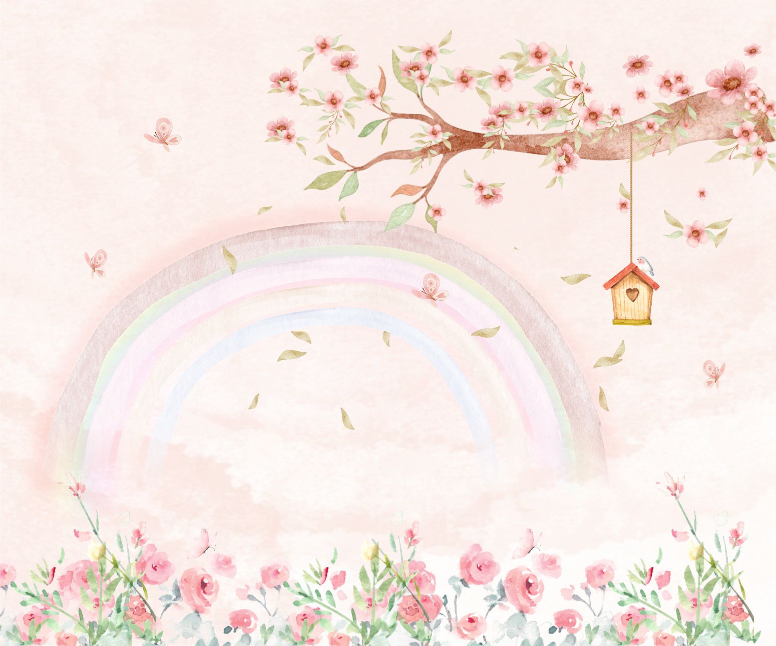 PAPEL PAREDE ARVORE COM ARO IRIS AQUARELA