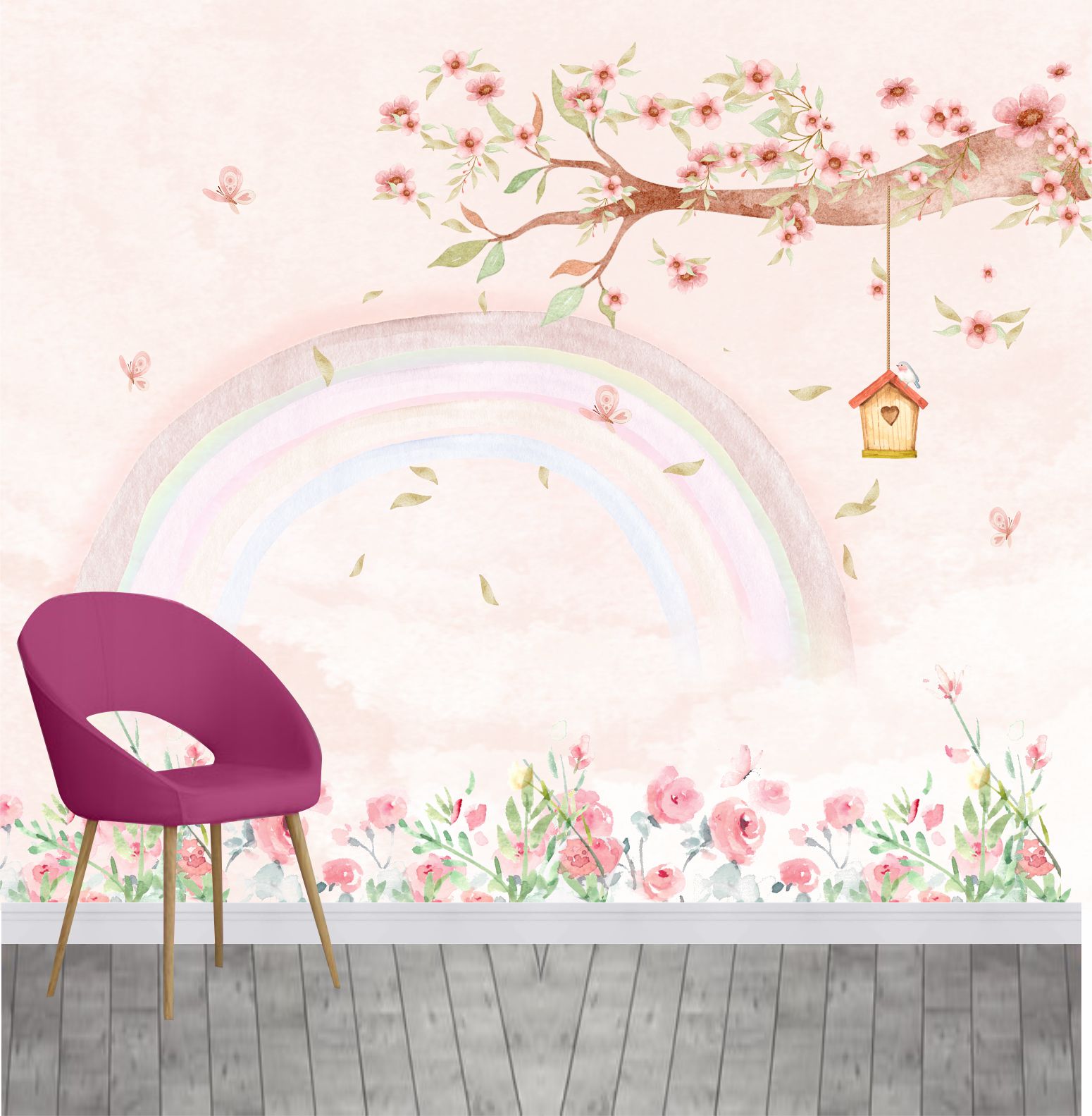 PAPEL PAREDE ARVORE COM ARO IRIS AQUARELA