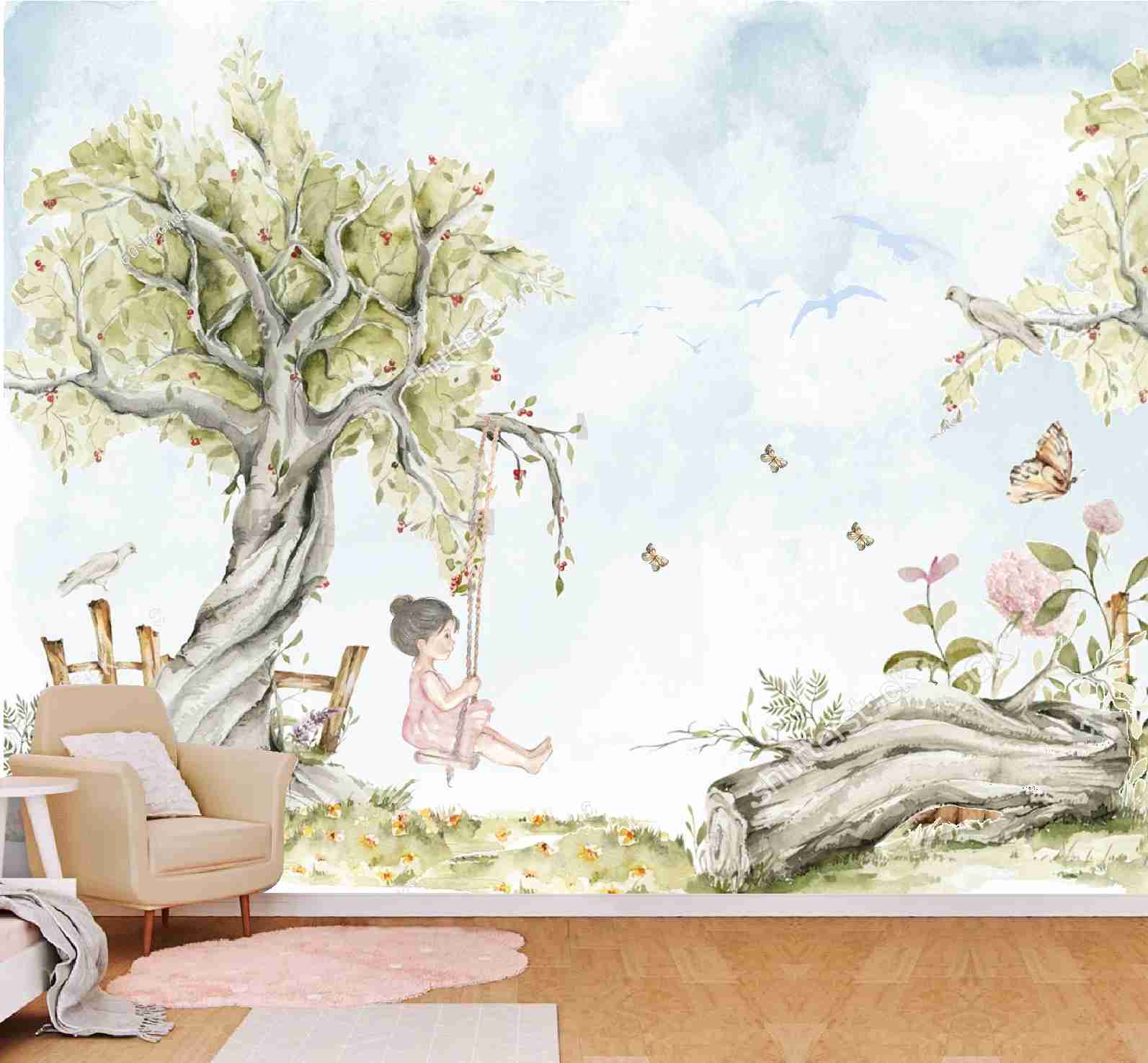 PAPEL DE PAREDE LEMINA NO BALANÇO NO JARDIM FLORESTA AQUARELA COM BORBOLETAS