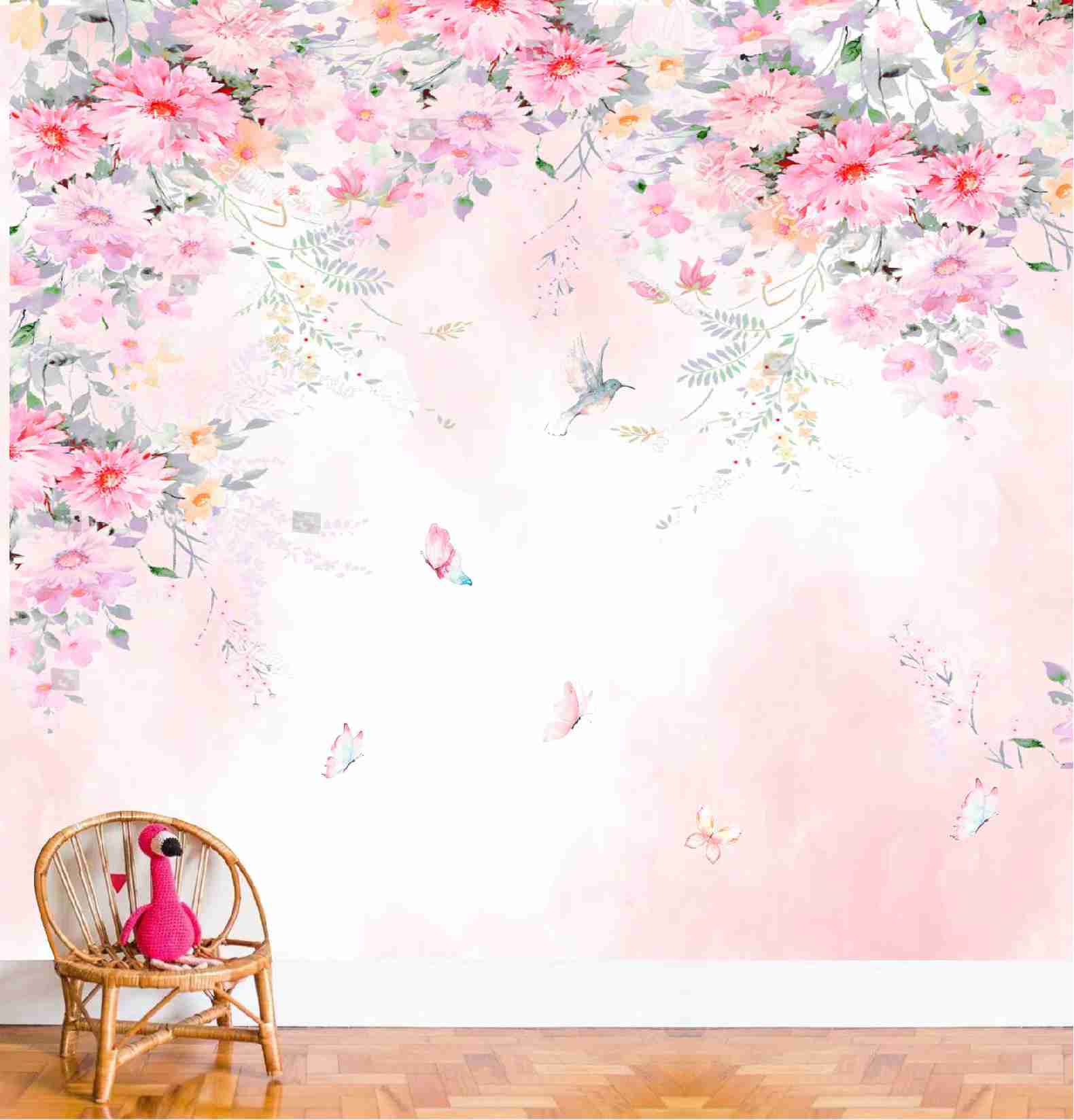 PAPEL PAREDE FLORES E ROSAS CAINDO DO TETO COM BORBOLETAS AQUARELA FUNDO ROSA