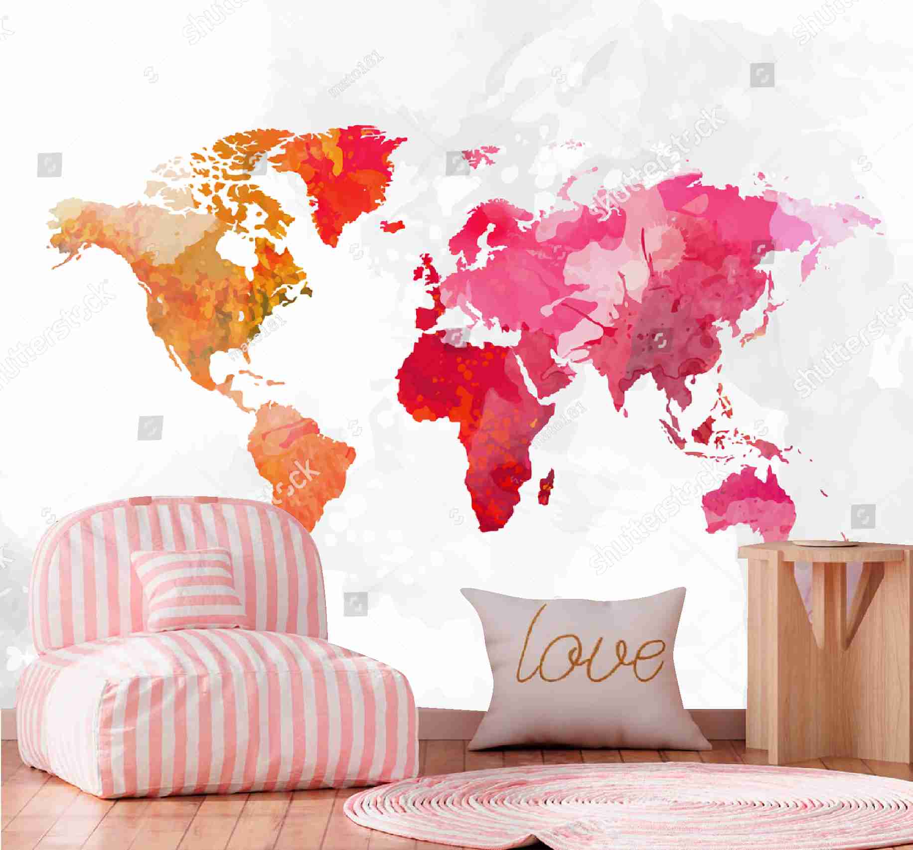 PAPEL DE PAREDE MAPA MUNDO AQUARELA TONS DE ROSA
