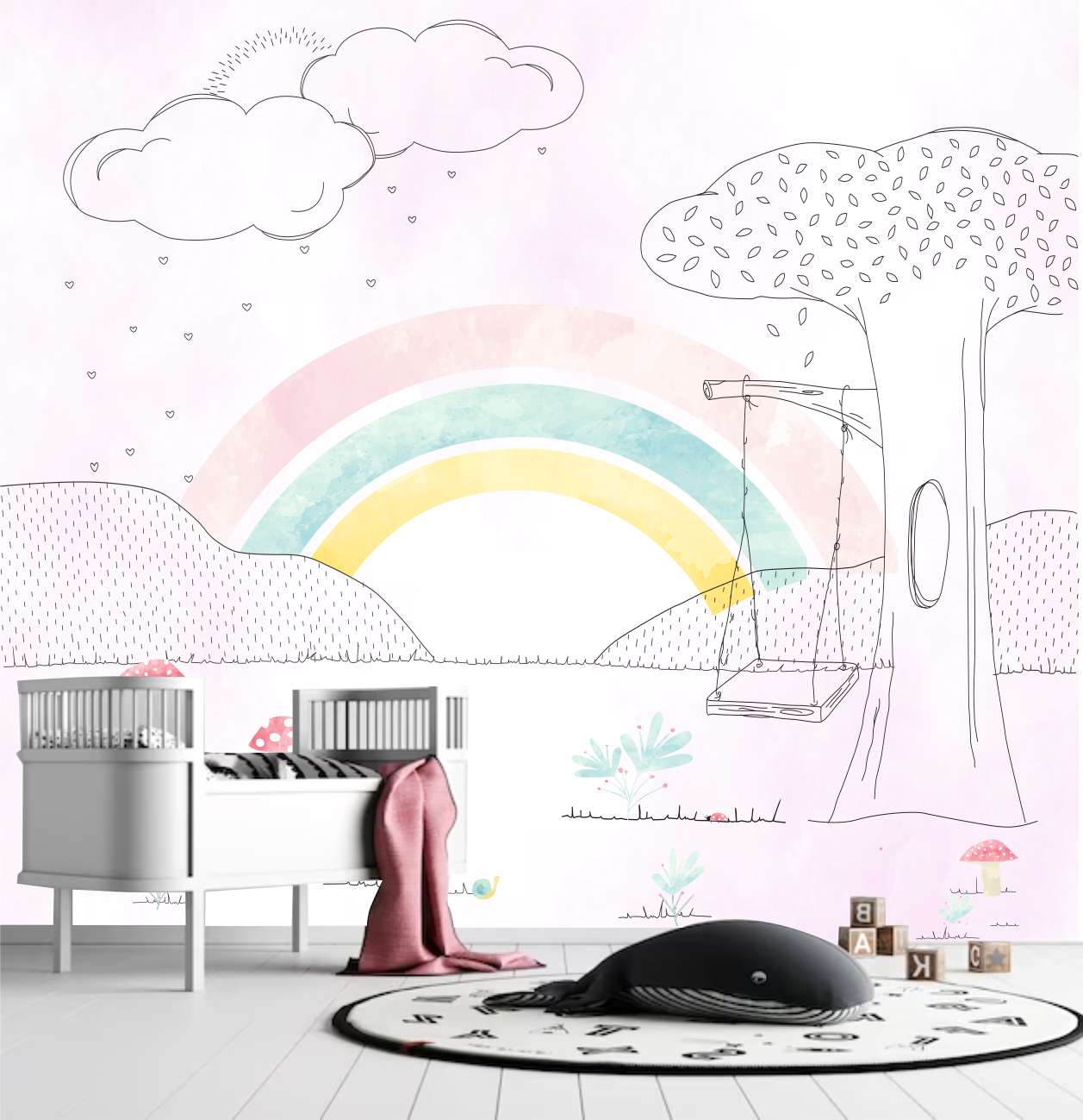 PAPEL PAREDE ARCO IRIS COM ARVORE E NUVENS DESENHO AQUARELA