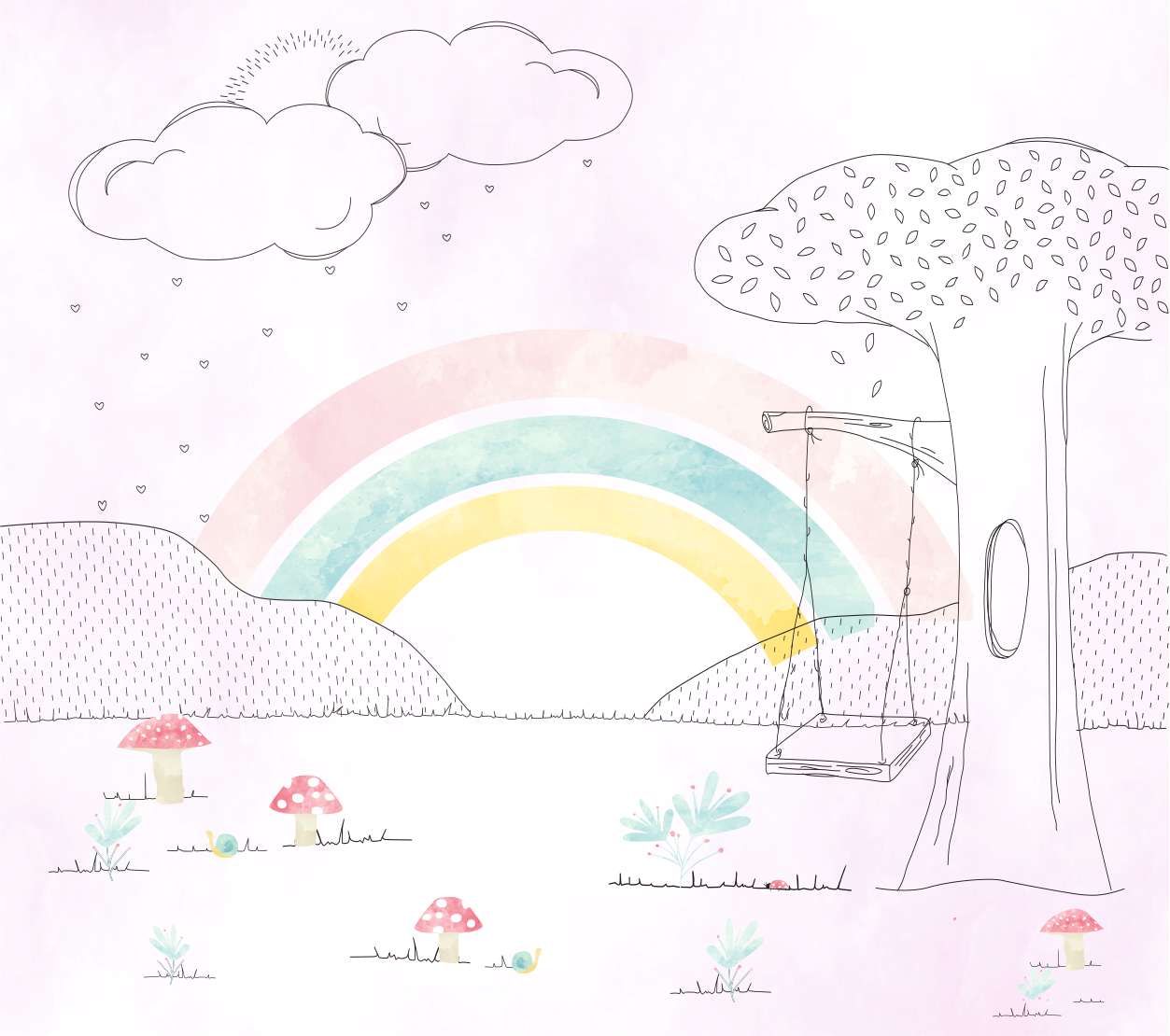 PAPEL PAREDE ARCO IRIS COM ARVORE E NUVENS DESENHO AQUARELA