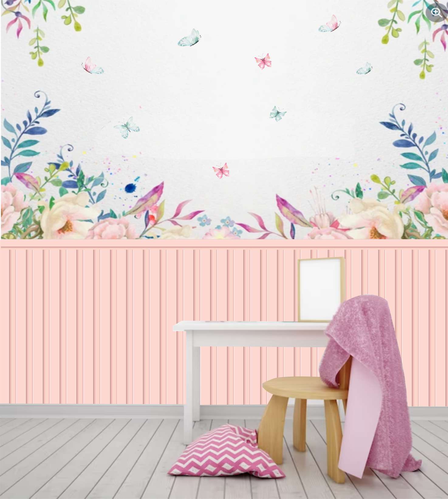 PAPEL DE PAREDE FLORAL JARDIM BORBOLETA AQUARELA COM RIPADO ROSA