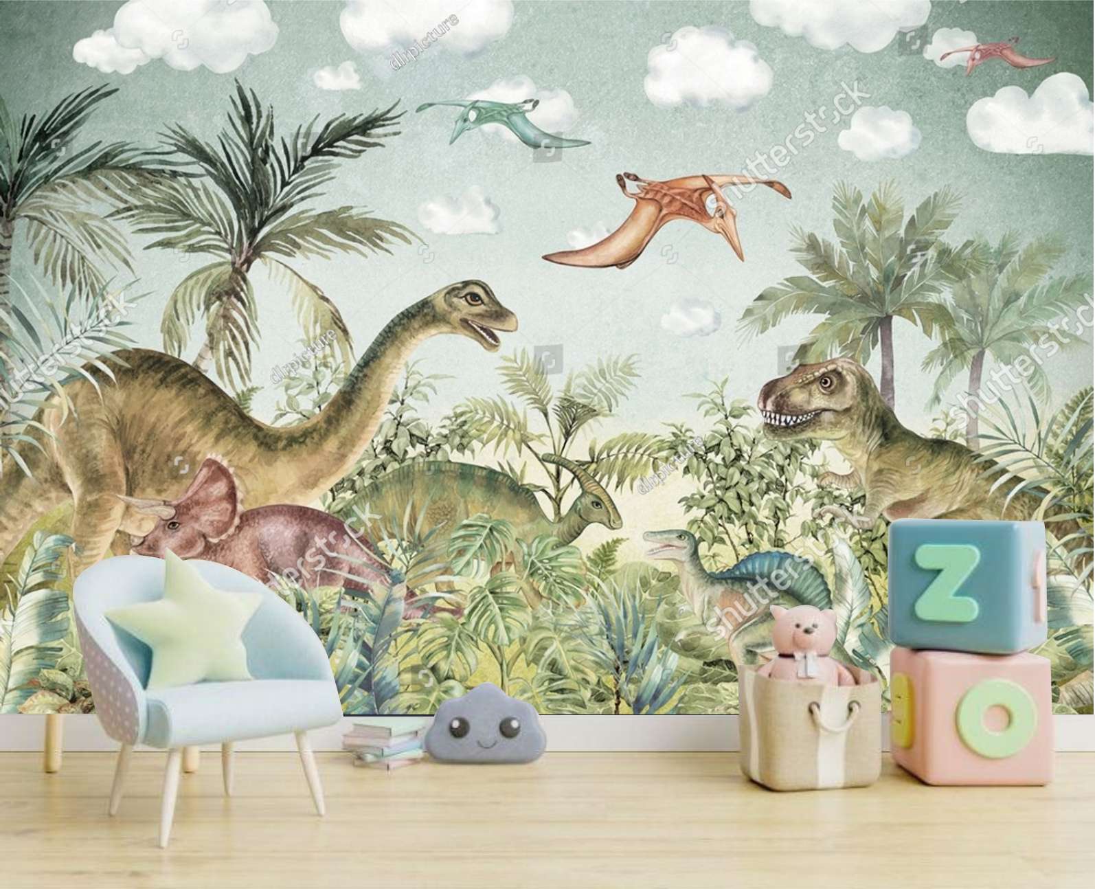 PAPEL DE PAREDE dinossauro AQUARELA