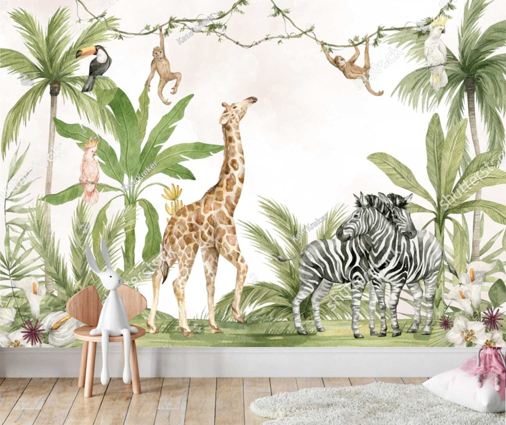 PAPEL DE PAREDE SAFARI GIRAFA, ZEBRA, MACACO E PASSAROS AQUARELA