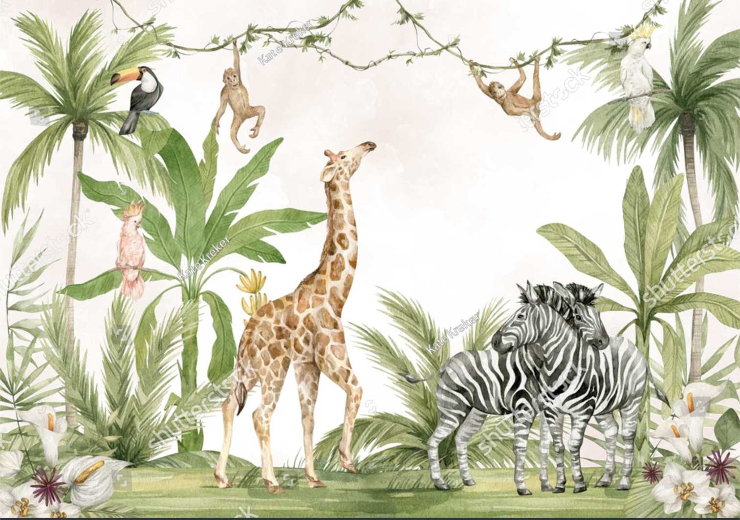 PAPEL DE PAREDE SAFARI GIRAFA, ZEBRA, MACACO E PASSAROS AQUARELA