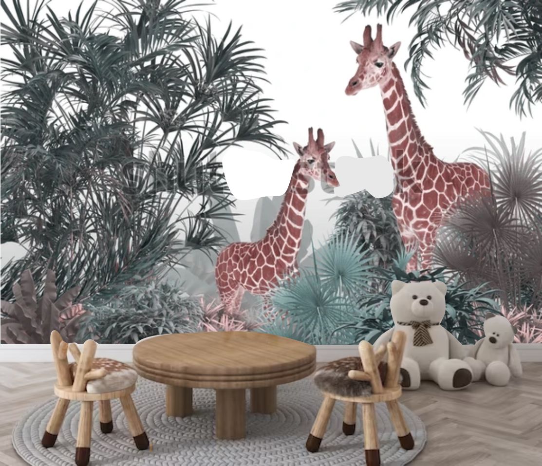 PAPEL PAREDE FLORESTA COM GIRAFAS