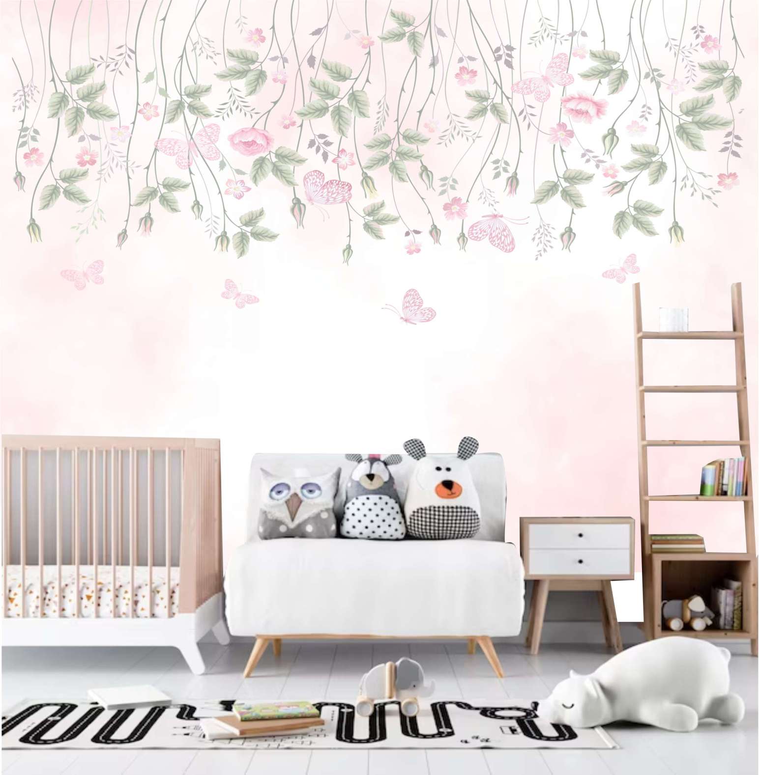 PAPEL DE PAREDE FUNDO ROSA AQUARELA COM FLORES, FLORAL E BORBOLETAS