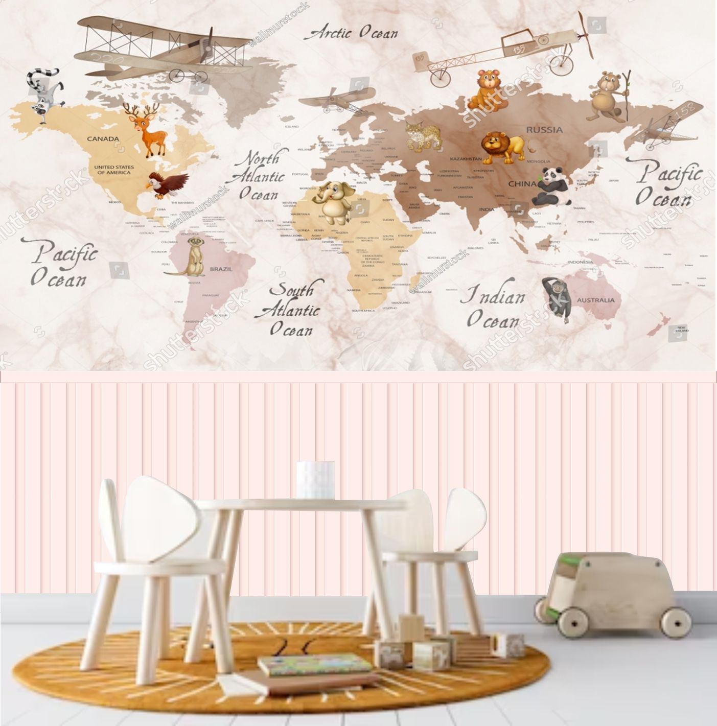 PAPEL DE PAREDE MAPA MUNDO INFANTIL QUARTO COM RIPADO ROSA