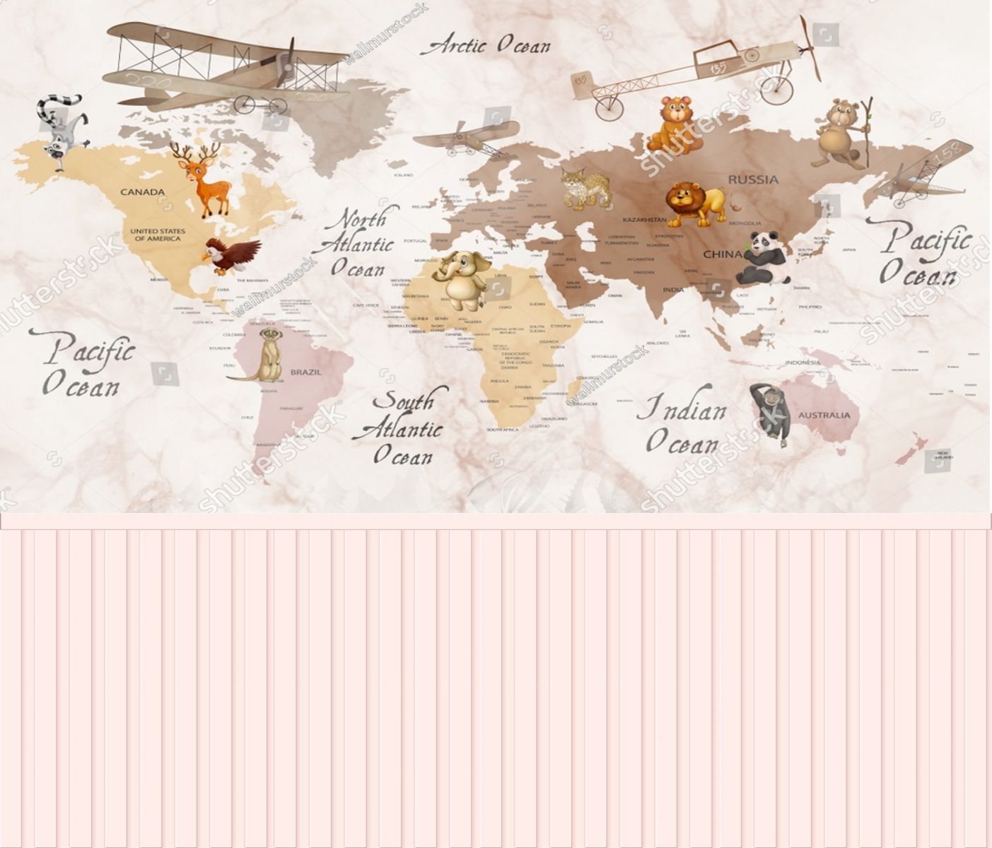 PAPEL DE PAREDE MAPA MUNDO INFANTIL QUARTO COM RIPADO ROSA