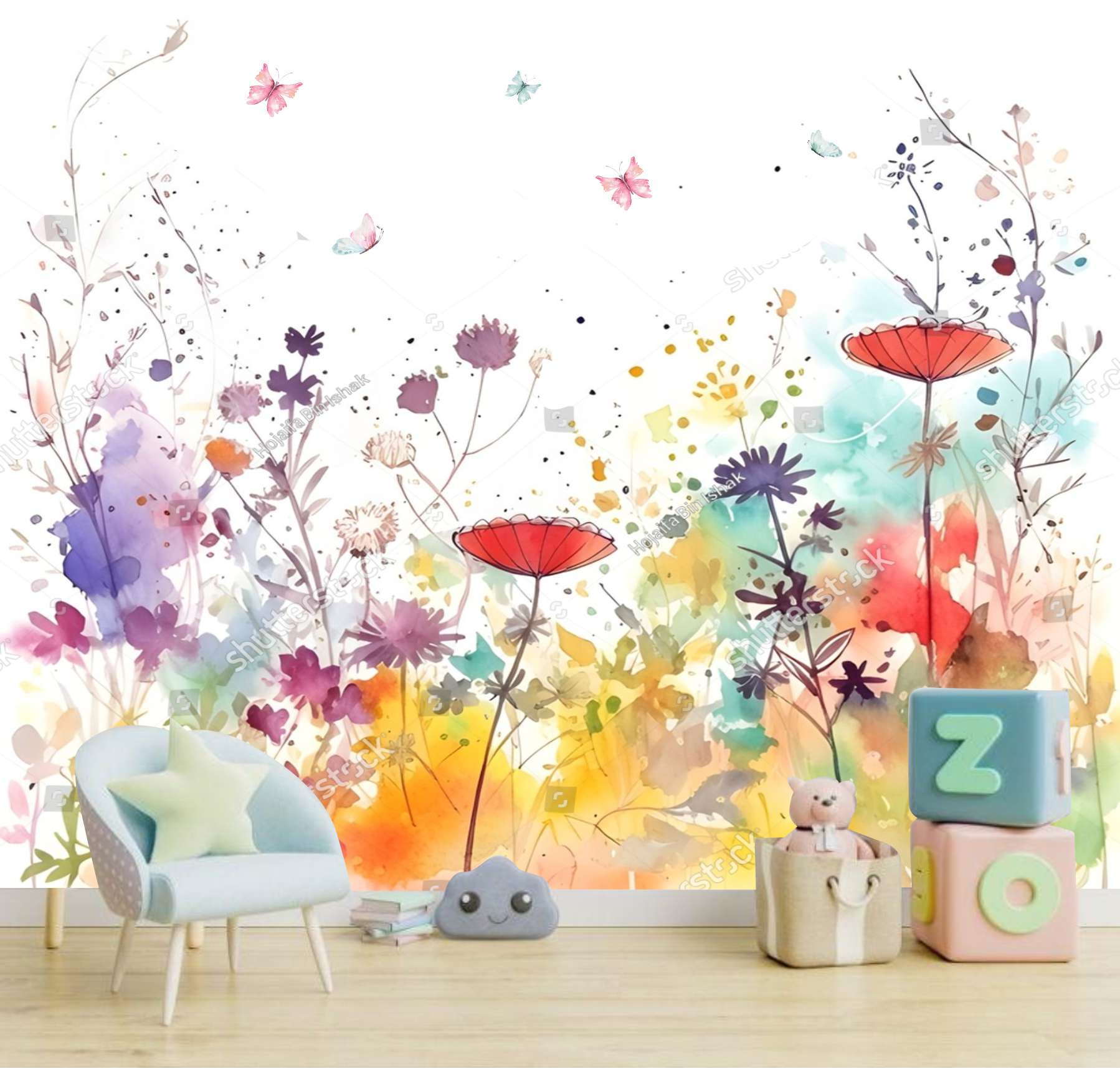 PAPEL PAREDE FLORES AQUARELA COM BORBOLETAS