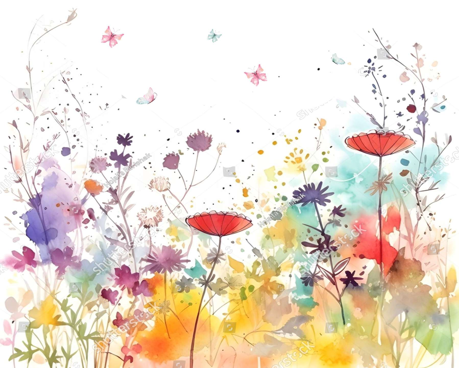 PAPEL PAREDE FLORES AQUARELA COM BORBOLETAS