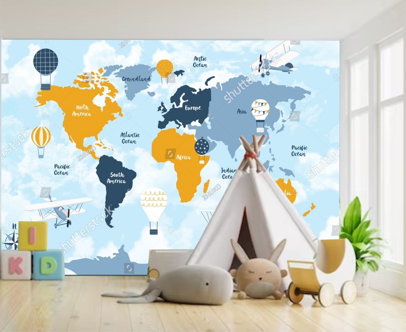 PAPEL PAREDE MAPA MUNDI FUNDO AZUL COM BALOES