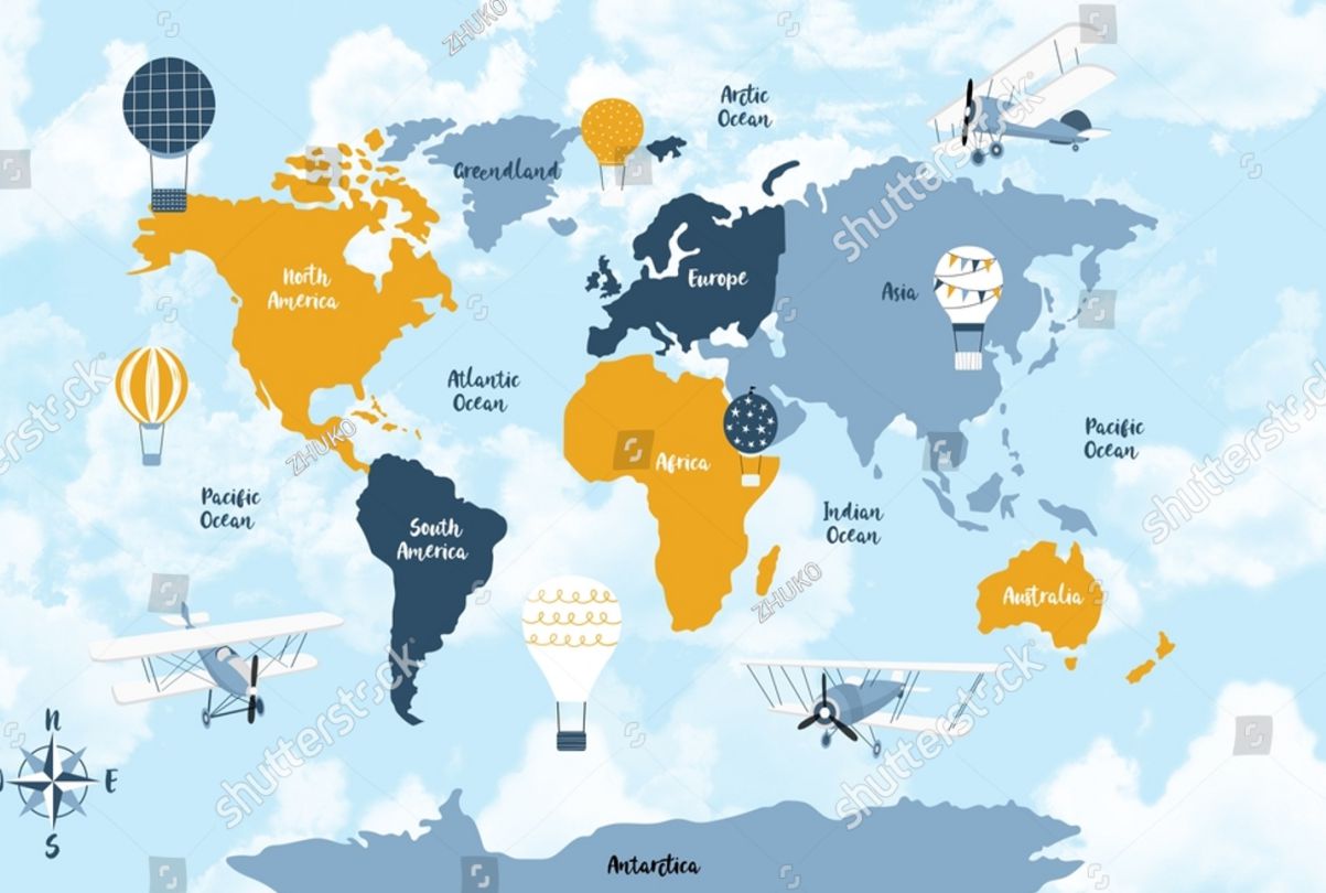 PAPEL PAREDE MAPA MUNDI FUNDO AZUL COM BALOES