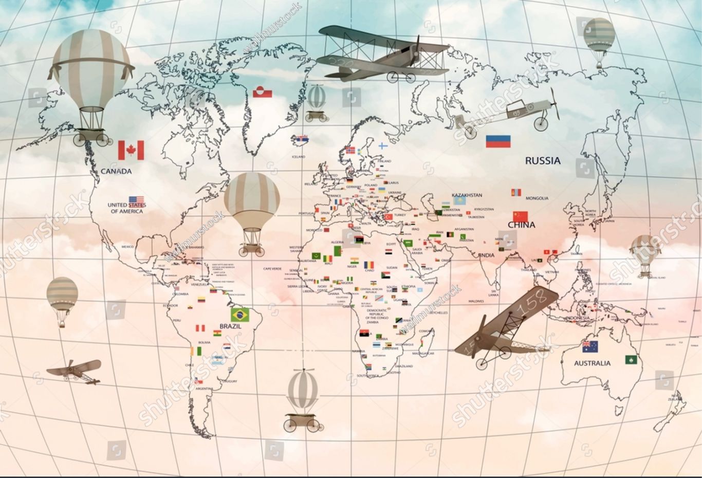 PAPEL PAREDE MAPA MUNDI EFEITO 3D COM AVIÇÕES BALÕES