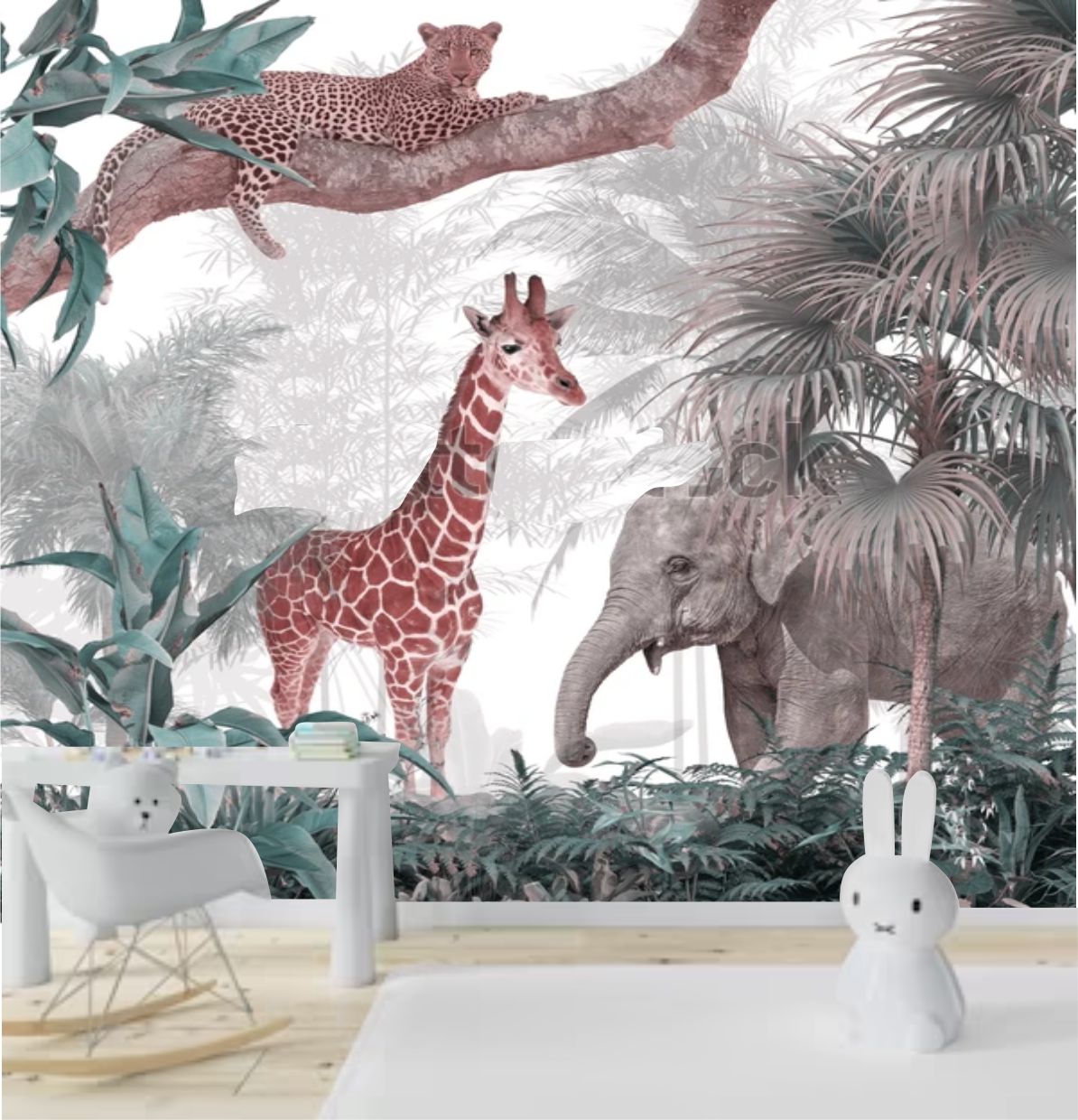 PAPEL DE PAREDE FLORESTA AQUARELA COM GIRAFA E ELEFANTE
