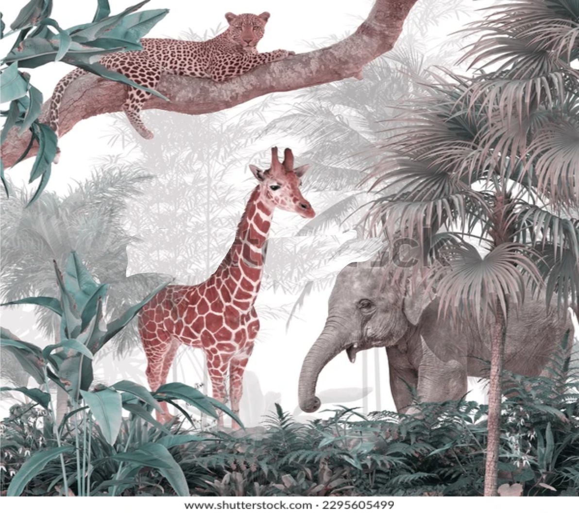 PAPEL DE PAREDE FLORESTA AQUARELA COM GIRAFA E ELEFANTE