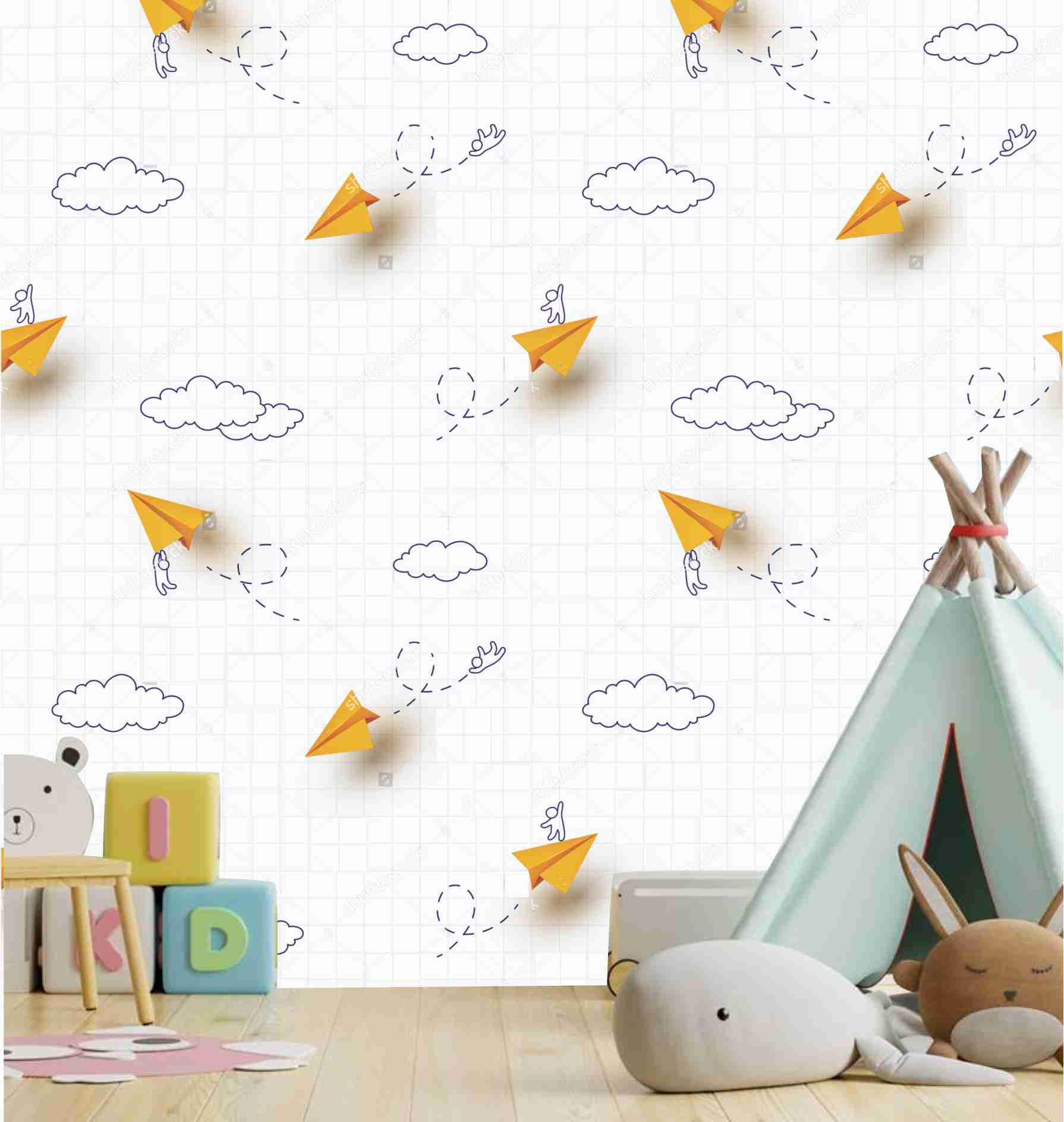 PAPEL DE PAREDE AVIÕES DE PAPEIS COM NUVENS 3D