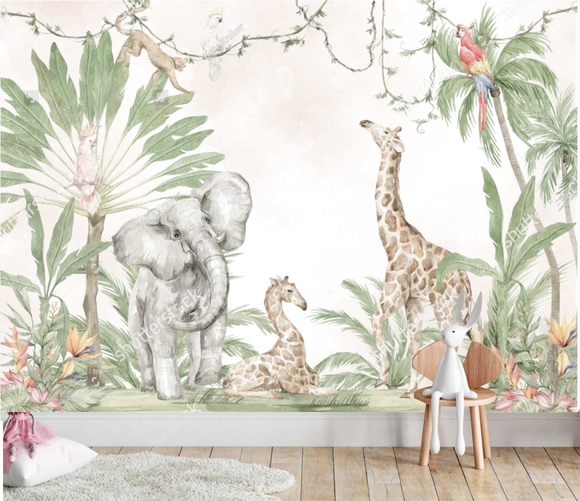 PAPEL PAREDE SAFARI ELEFANTE COM GIRAFAS E PASSAROS