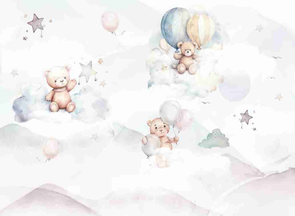 PAPEL DE PAREDE URSOS COM BALÕES MOTANHAS AQUARELA NUVENS