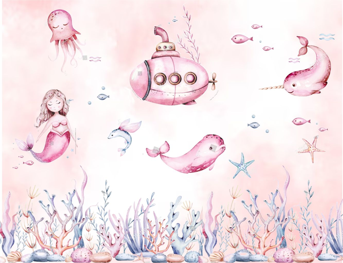 PAPEL DE PAREDE SEREIA FUNDO DO MAR AQUARELA