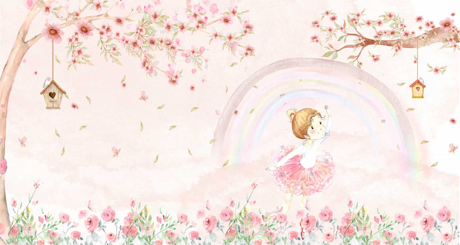 PAPEL DE PAREDE BAILARINHA NO JARDIM COM ARVORE AQUARELA