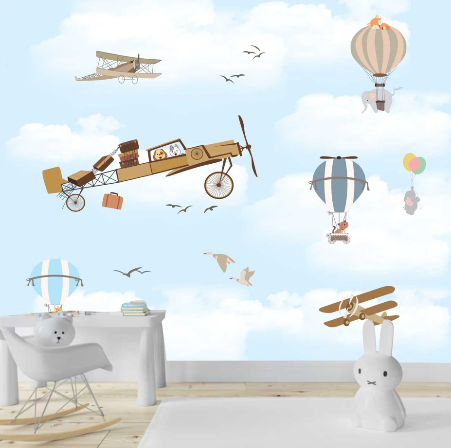 PAPEL DE PAREDE AVIÃO COM ANIMAIS E BALOES