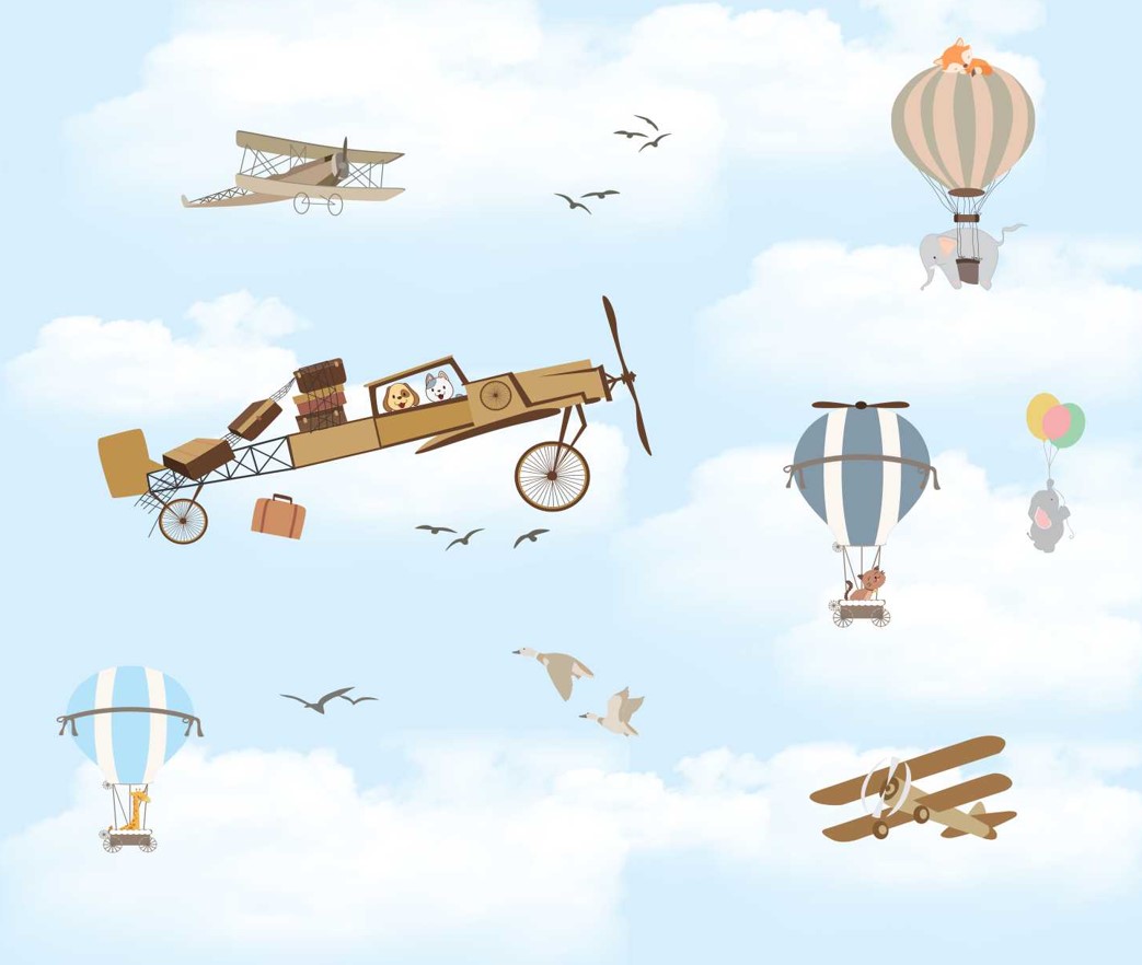 PAPEL DE PAREDE AVIÃO COM ANIMAIS E BALOES
