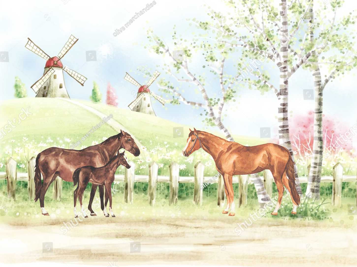 PAPEL DE PAREDE FAZENDA CAVALOS AQUARELA