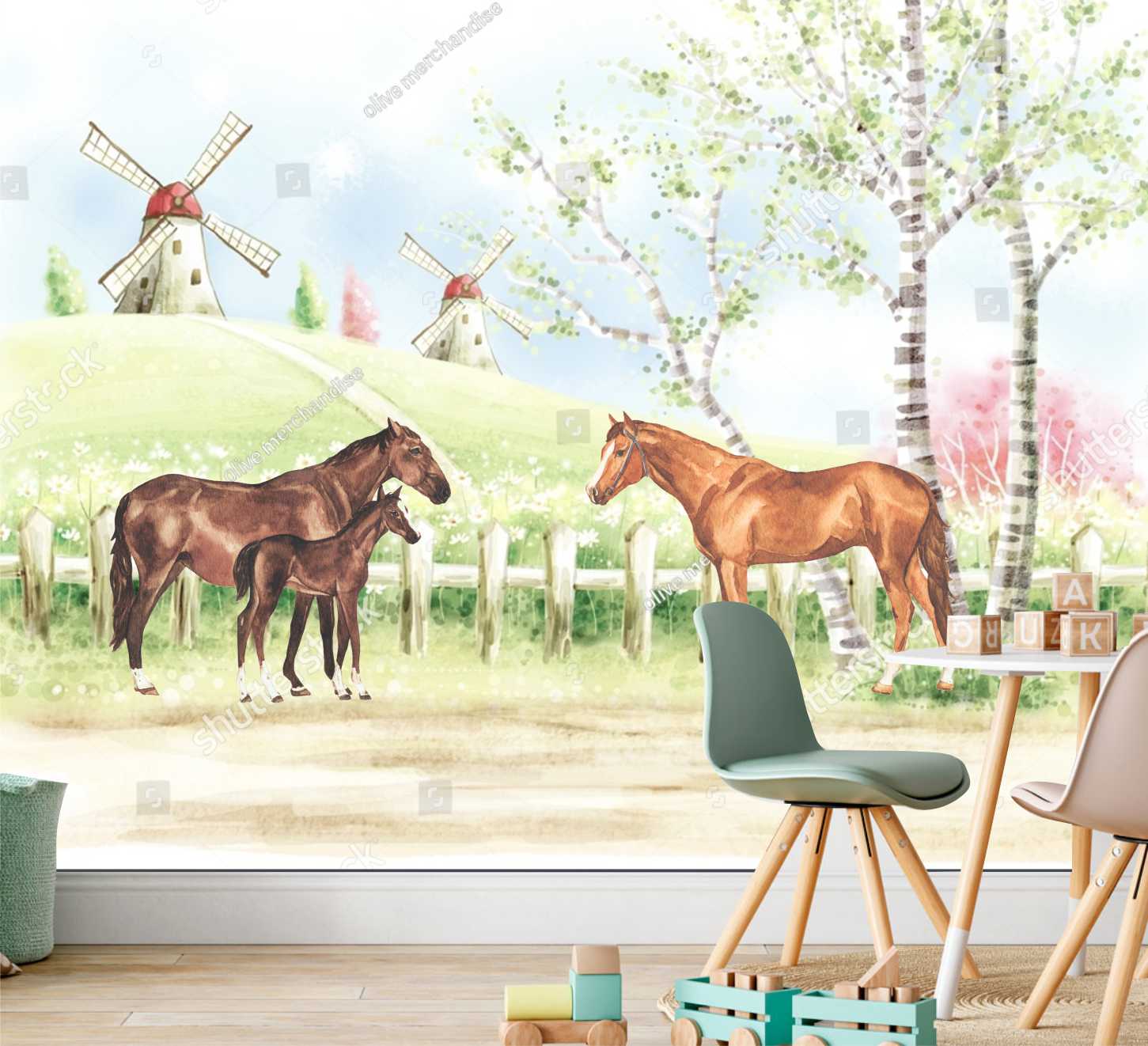 PAPEL DE PAREDE FAZENDA CAVALOS AQUARELA