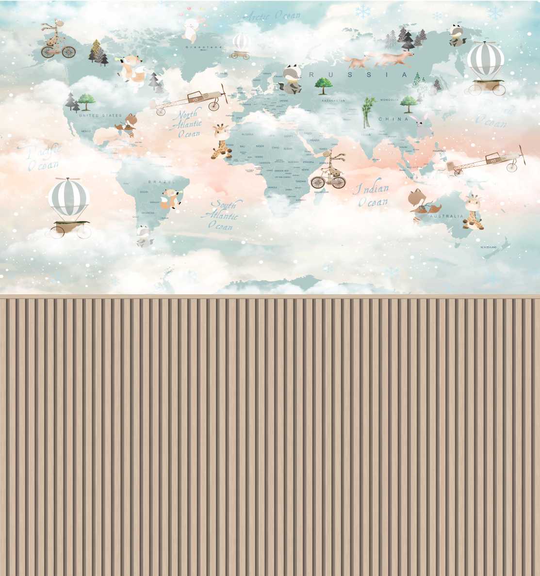 PAPEL DE PAREDE MAPA MUNDO COM ANIMAIS E NUVENS E RIPADO