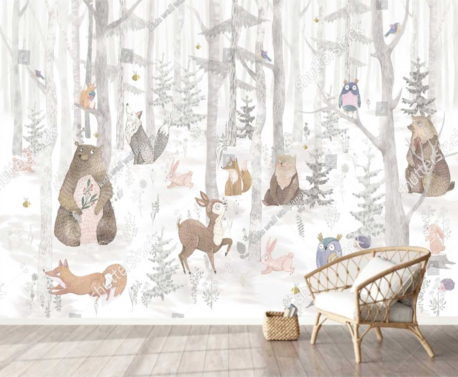 PAPEL DE PAREDE LAVAVEL FLORESTA COM ANIMAIS AQUARELA