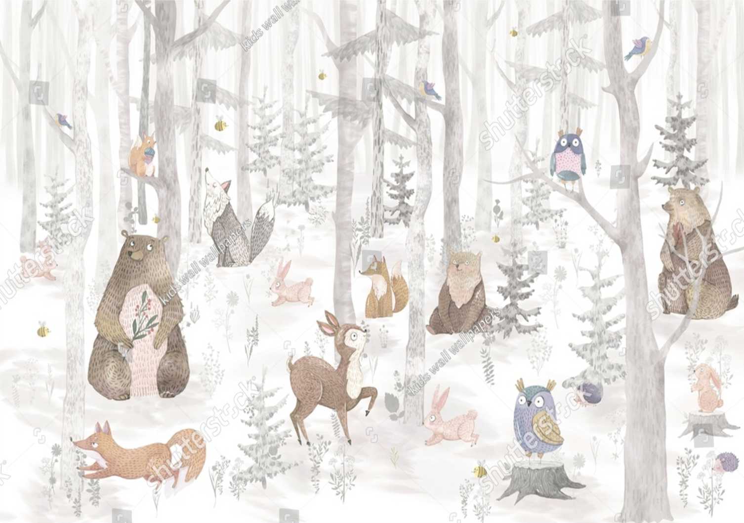 PAPEL DE PAREDE LAVAVEL FLORESTA COM ANIMAIS AQUARELA
