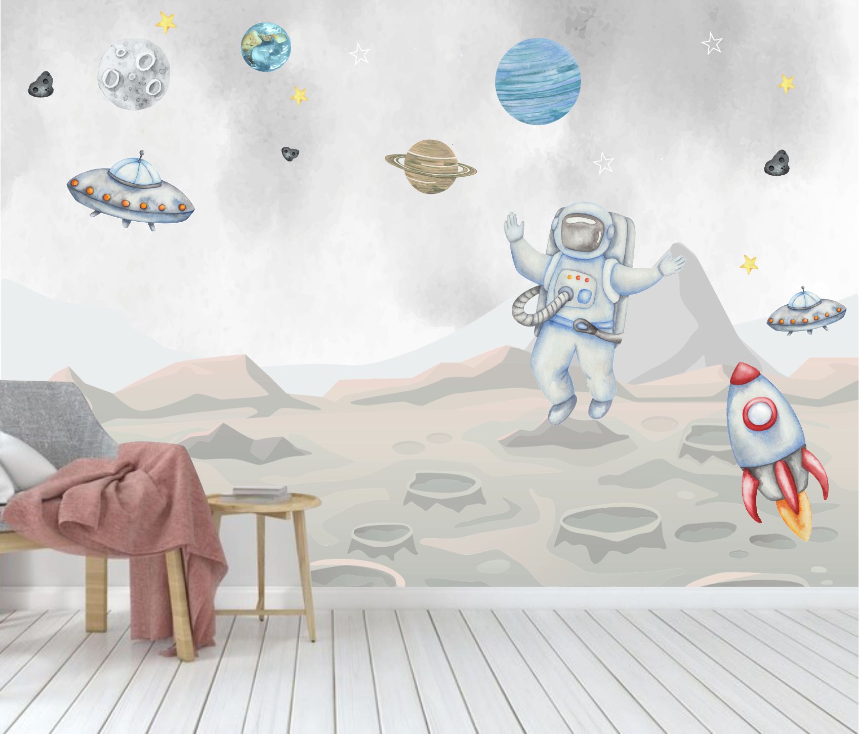 PAPEL DE PAREDE ASTRONAUTA AQUARELA