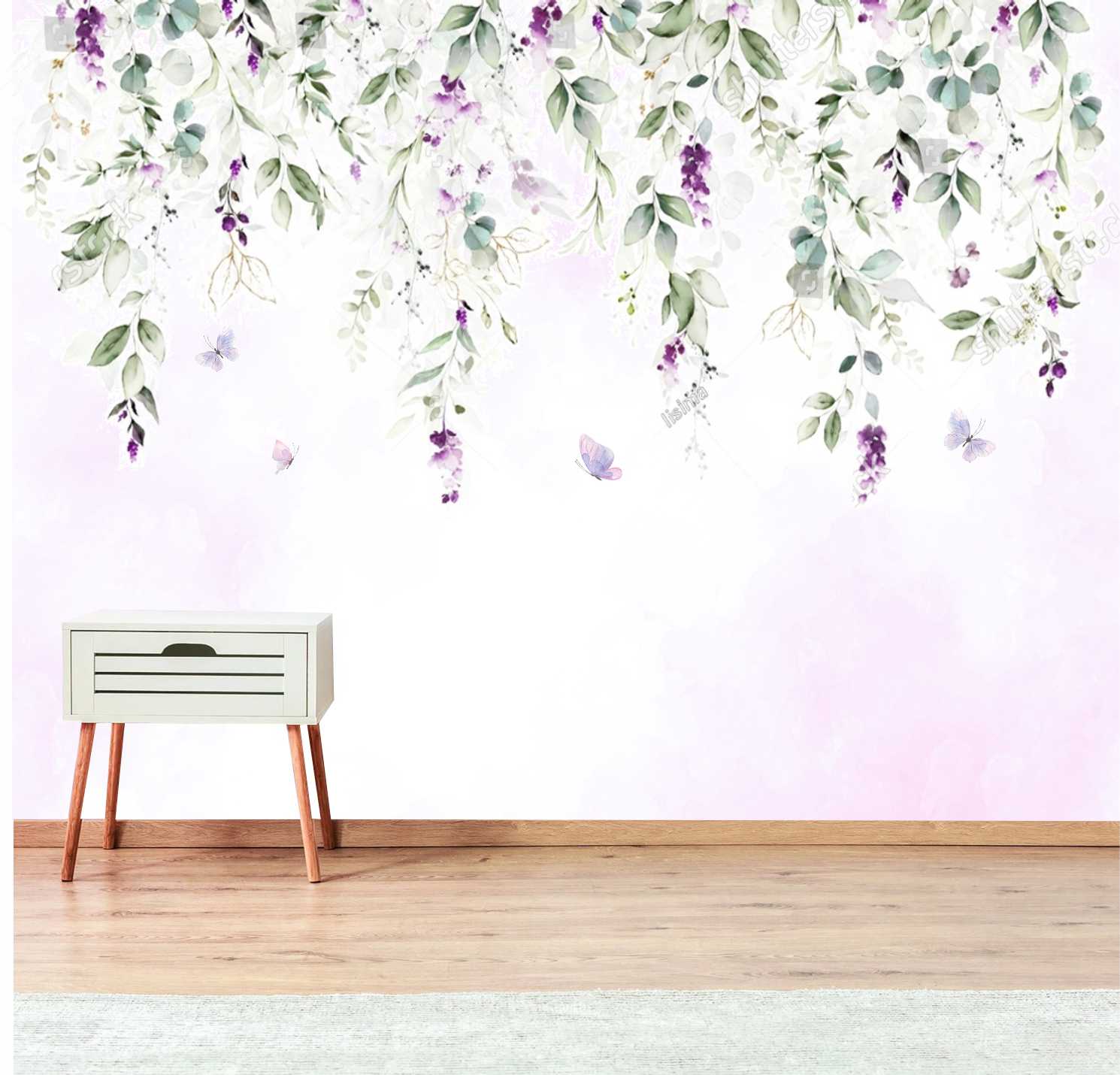 PAPEL DE PAREDE FLORAL FLORES LILAIS COM FUNDO AQUARELA