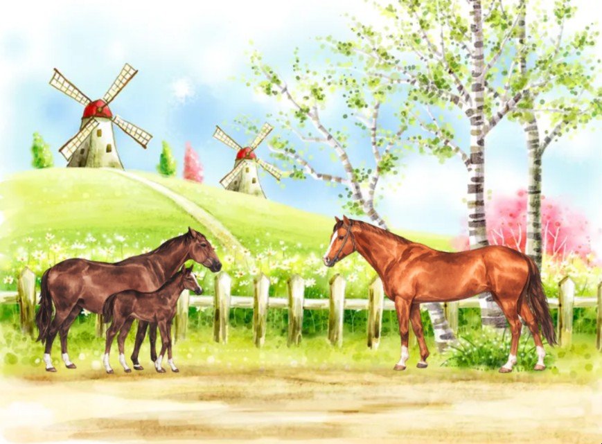 PAPEL DE PAREDE CAVALOS NA FAZENDO AQUARELADO