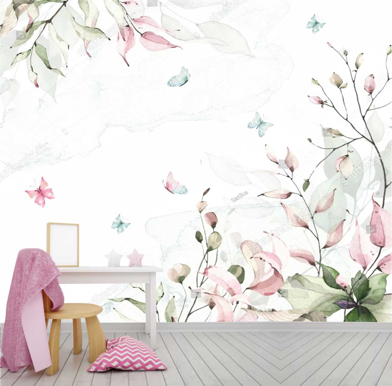 PAPEL DE PAREDE JARDIM FLORAL COM BORBOLETAS AQUARELA