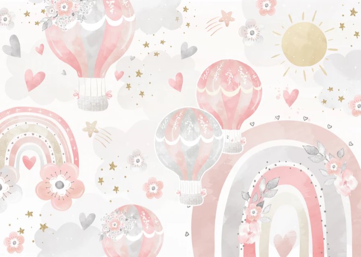 PAPEL DE PAREDE BALÕES COM ARCOIRIS AQUARELA ROSA
