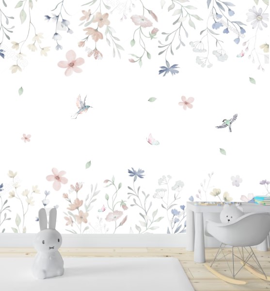 PAPEL DE PAREDE JARDIM COM BORBOLETAS E BEIJA FLOR