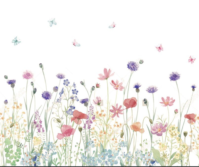 PAPEL DE PAREDE JARDIM COM FLORES E BORBOLETAS AQUARELA