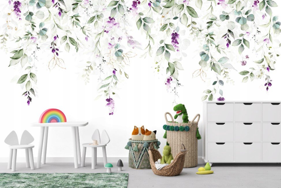 PAPEL PAREDE FLORAL FLORES LILAS FUNDO BRANCO