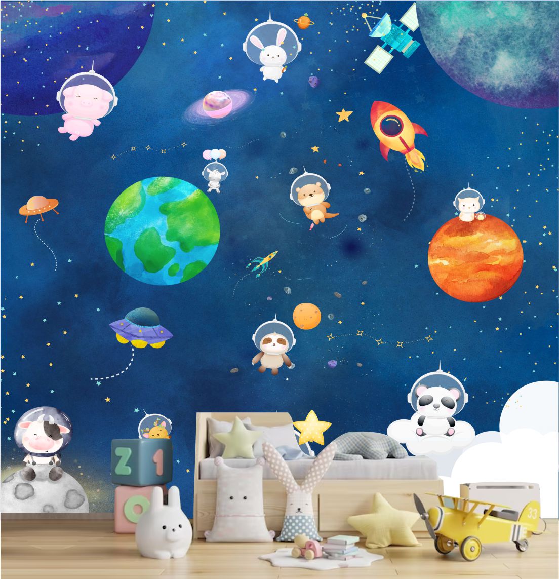 PAPEL DE PAREDE ASTRONAUTA COM ANIMAIS NO ESPAÇO
