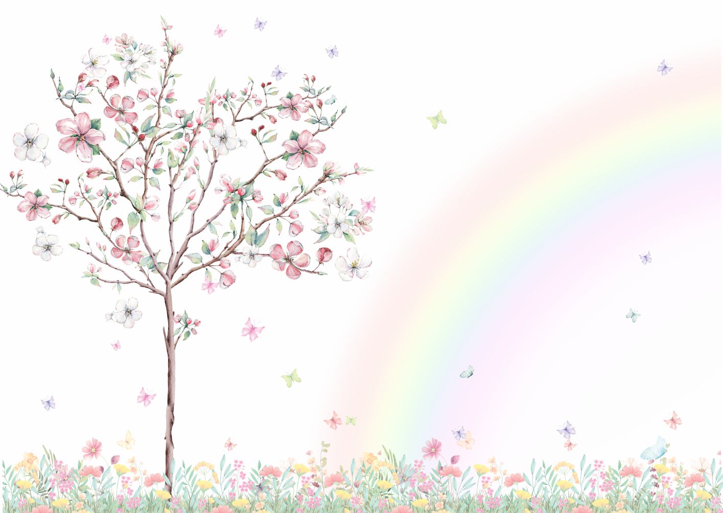 PAPEL DE PAREDE ARVORE COM ARCO-IRIS E BORBOLETAS AQUARELA