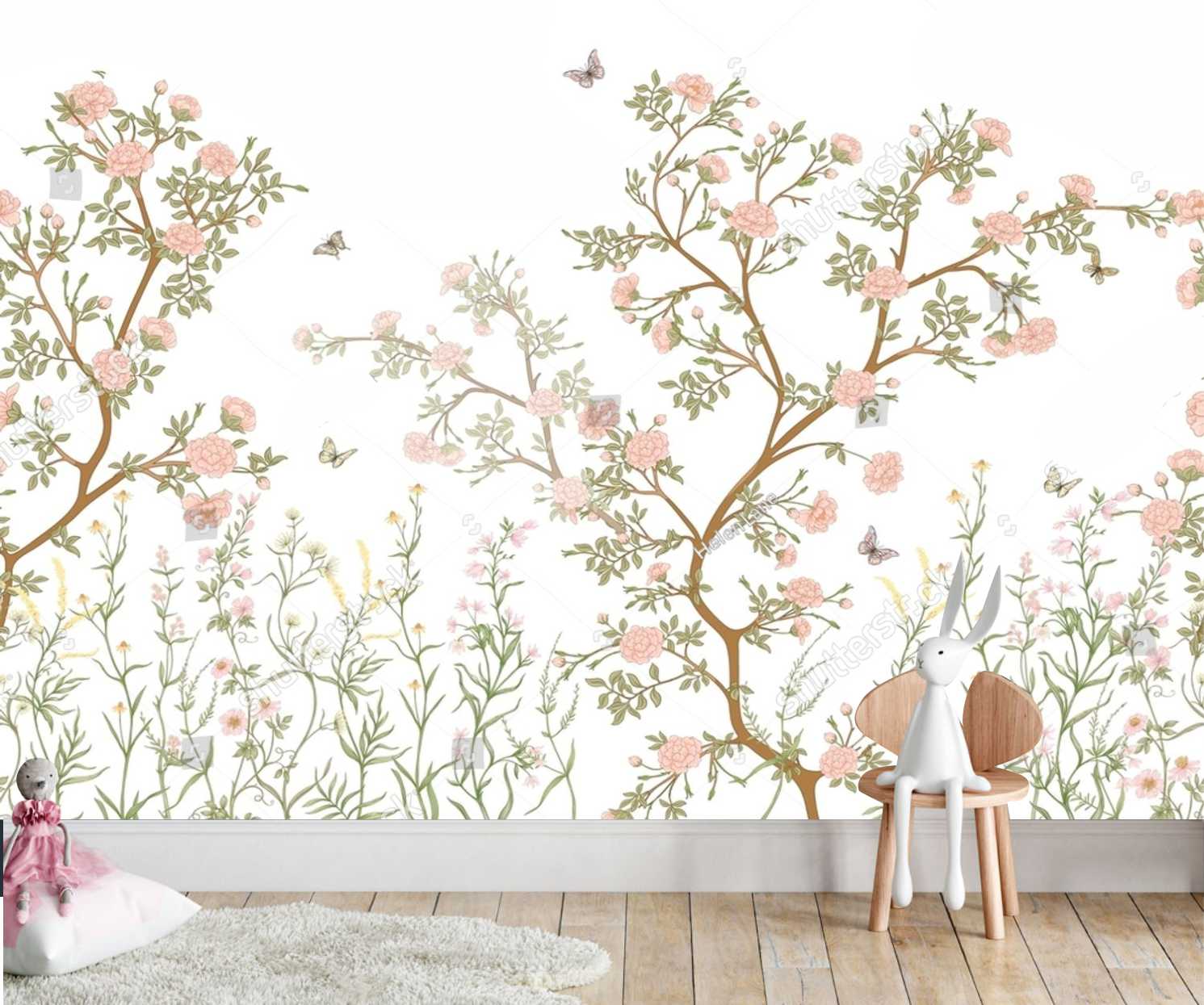 PAPEL DE PAREDE ARVORE JARDIM COM BORBOLETAS