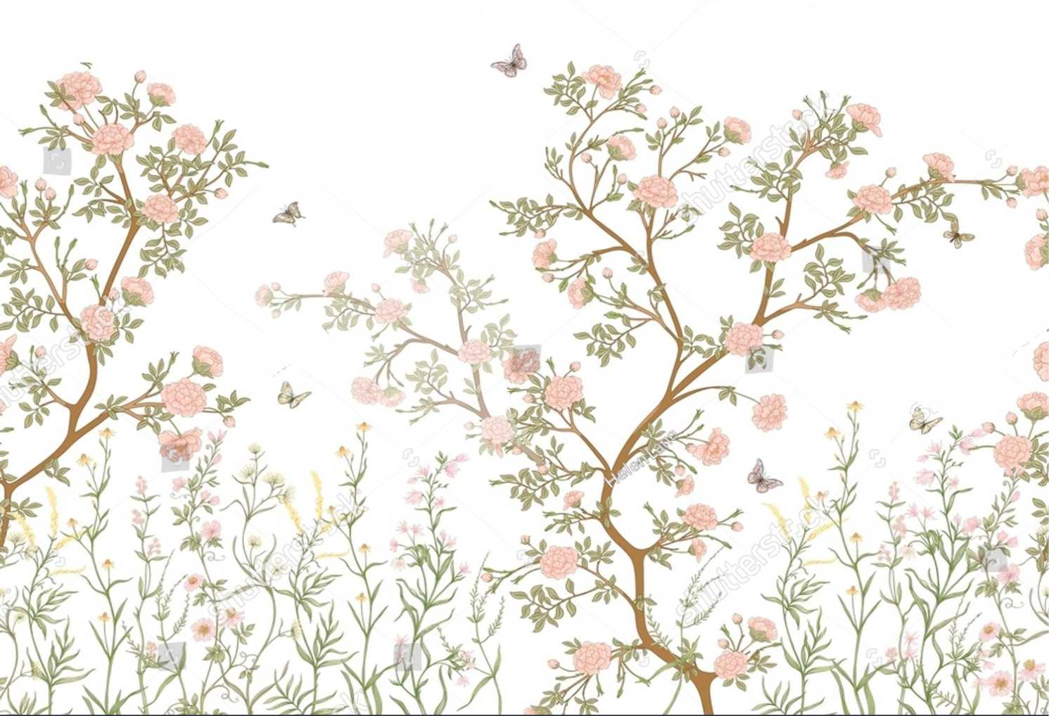 PAPEL DE PAREDE ARVORE JARDIM COM BORBOLETAS
