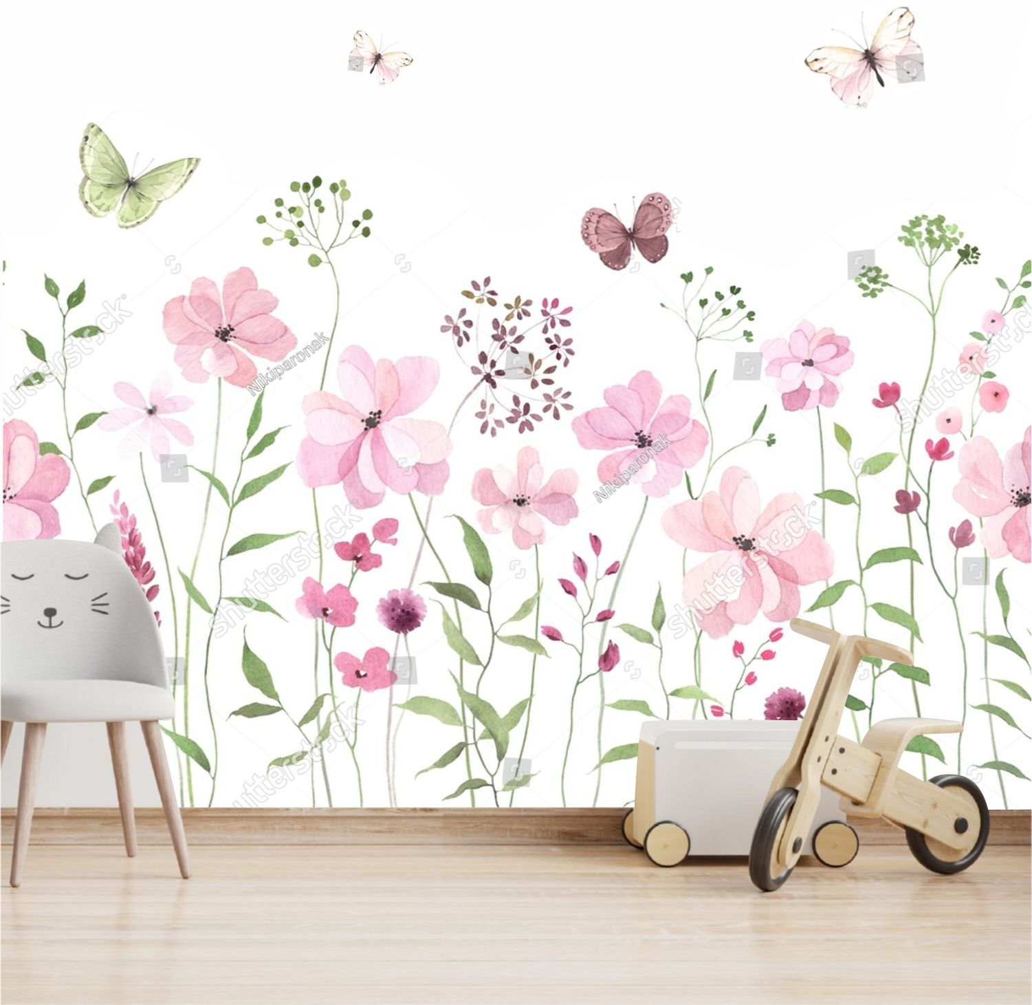 PAPEL DE PAREDE FLORES E BORBOLETAS AQUARELA
