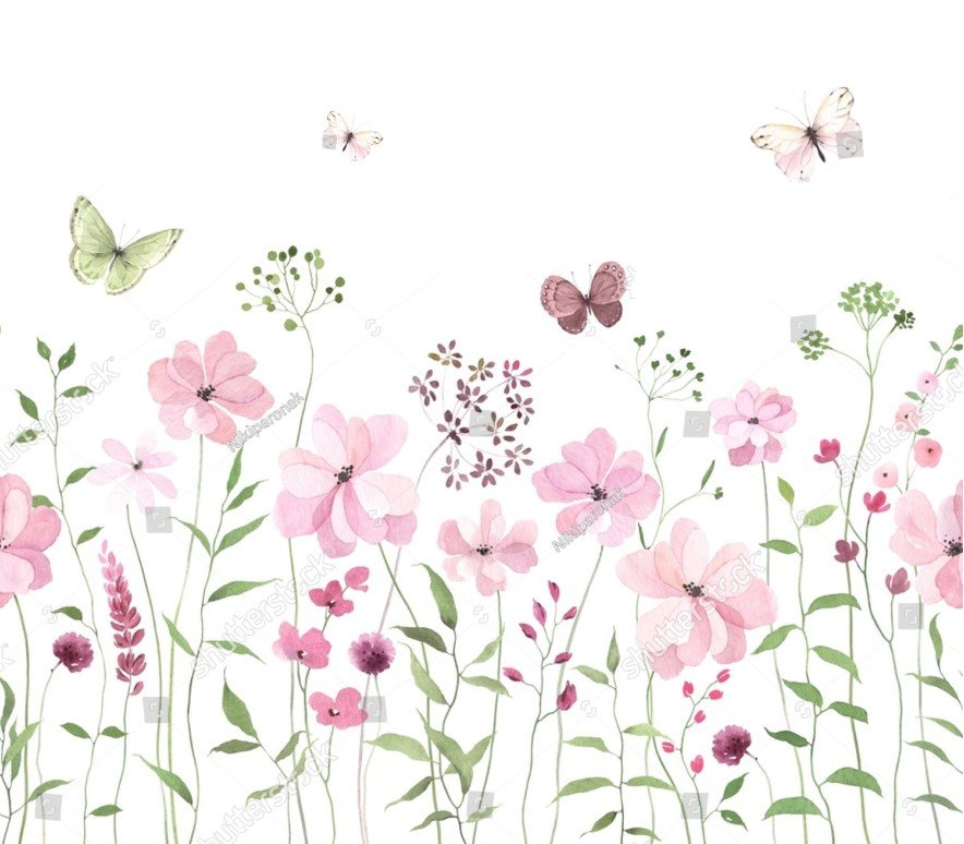 PAPEL DE PAREDE FLORES E BORBOLETAS AQUARELA